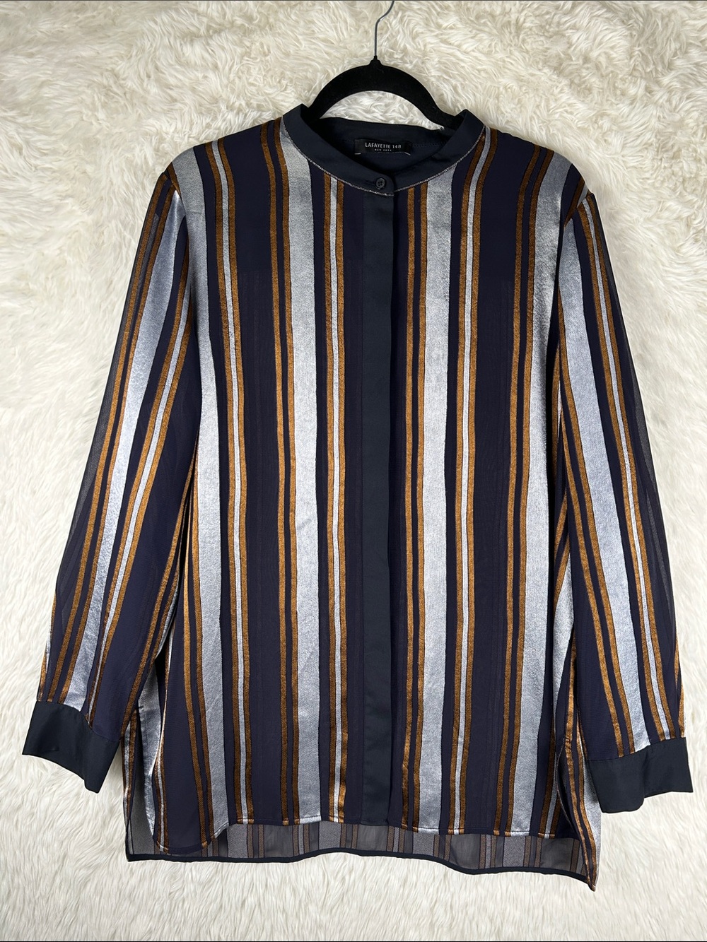 Lafayette 148 NY Navy Gold Silver Striped Brayden Blouse